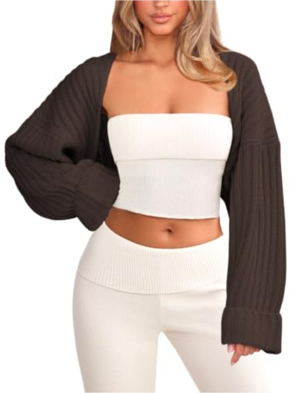 Chunky Knit Bolero Shrug Cropped Cardigan Open Front Long Sleeve Women